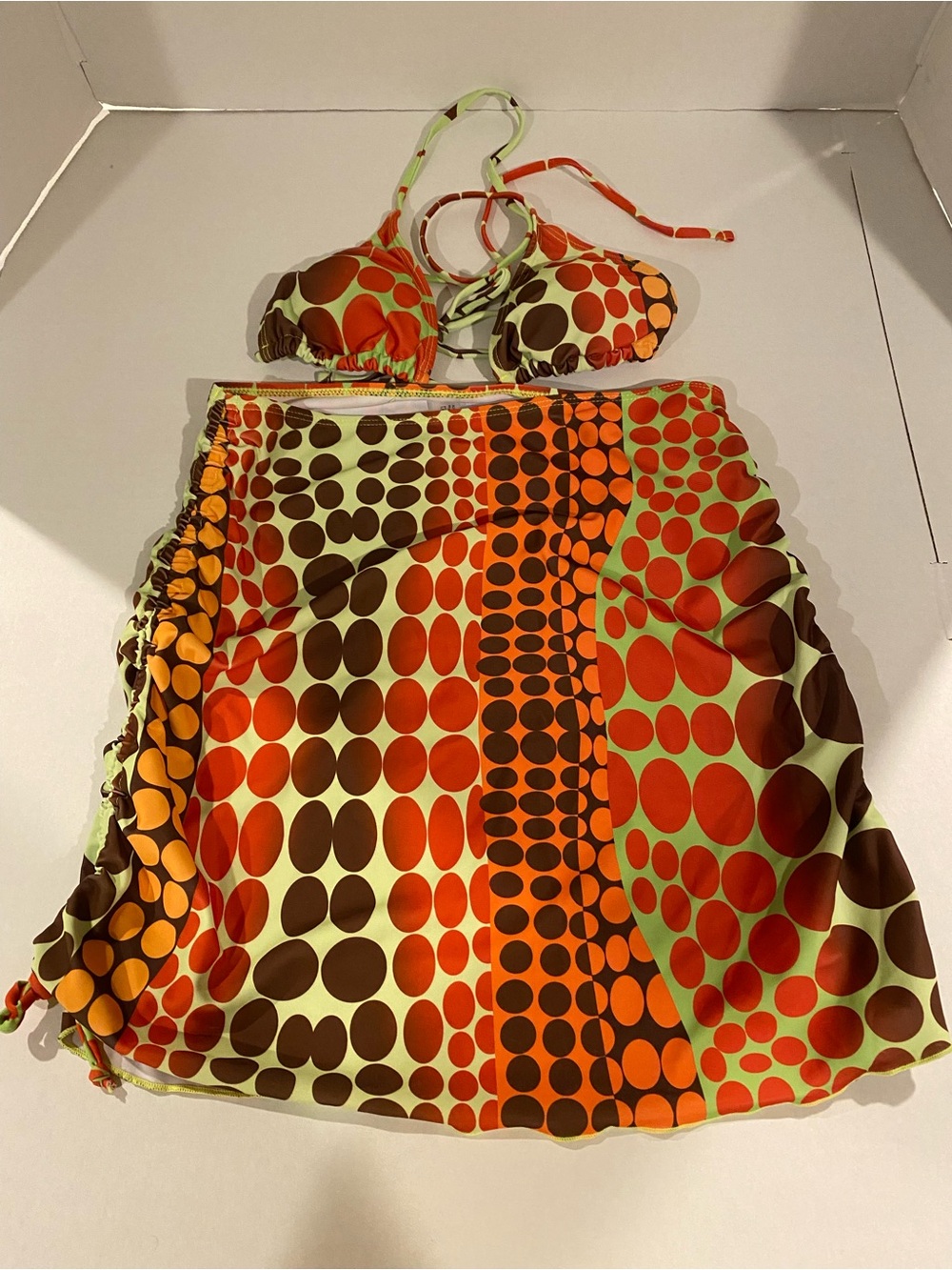 Polka Dot Triangle Bikini Top & Matching Wrap Skirt - Orange, Brown & Lime